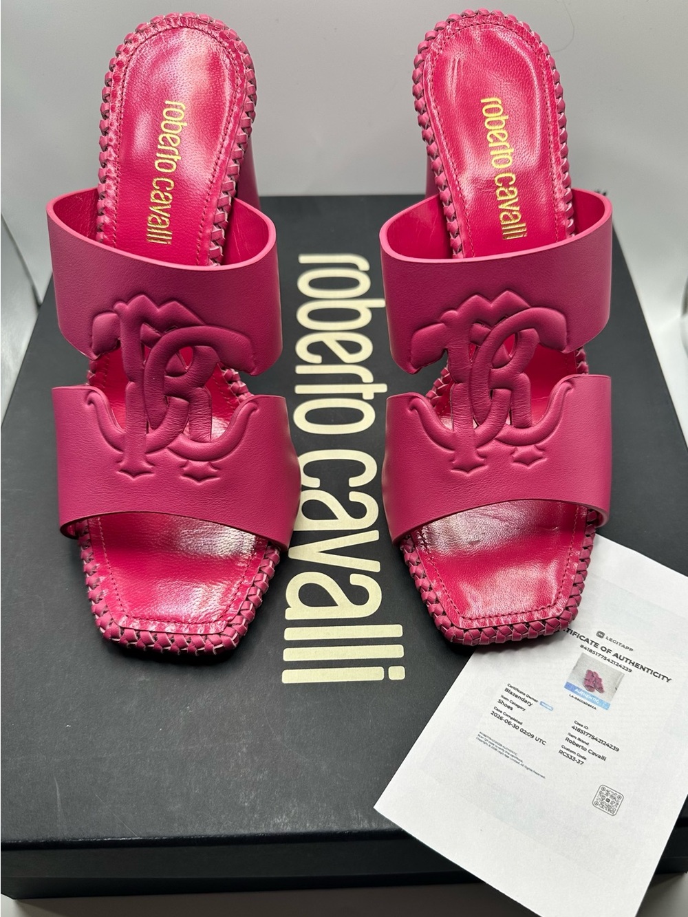 Roberto Cavalli Hot Pink Leather Embossed Logo Slide Mules